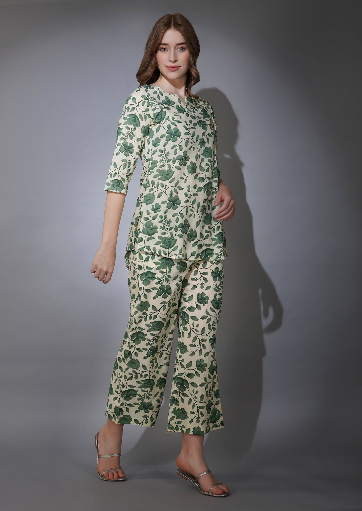 Basil Green Jaal On Off-White Cotton Loungewear Set
