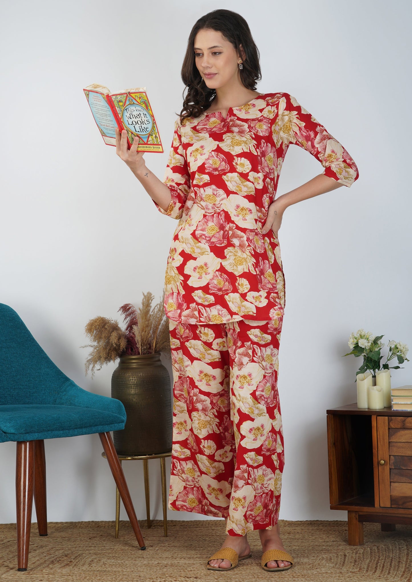 Red Floral Delight Discharge Cotton Loungewear