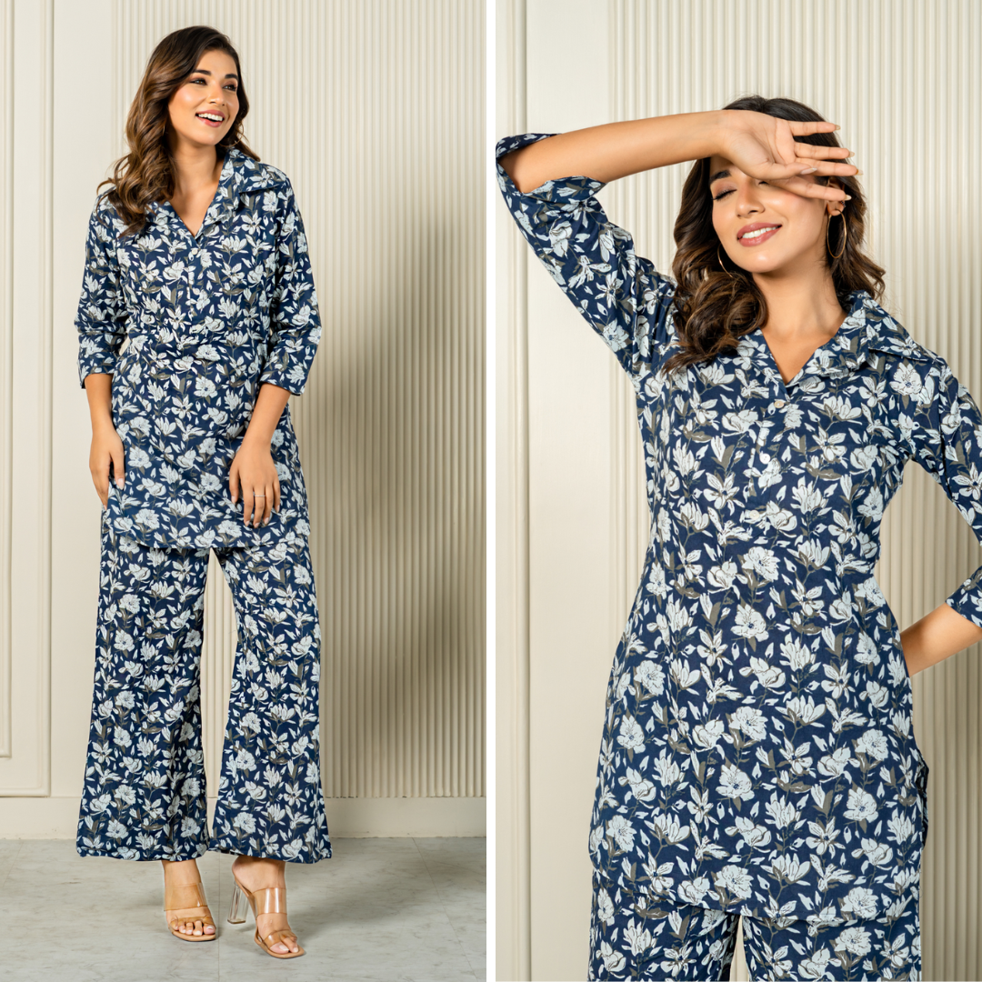 Navy Blue Elegance Cotton Loungewear Co-Ord set