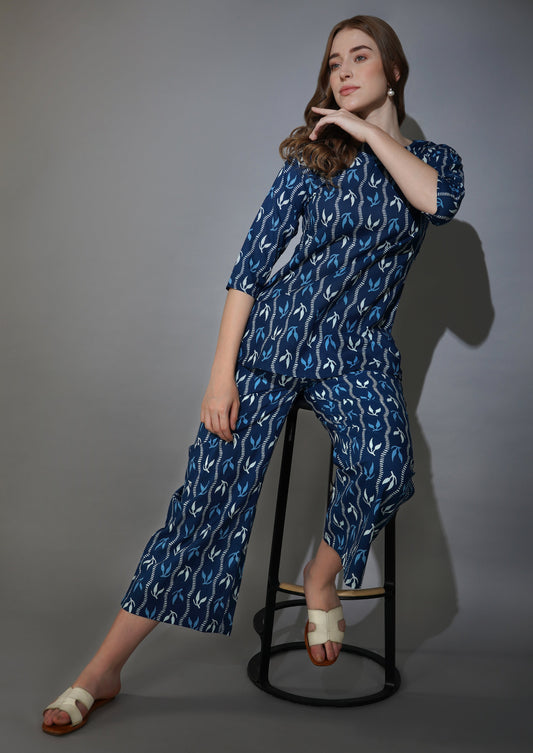 Navy Blue Geometric Leaf Printed Pure Cotton Loungewear Set (short top)