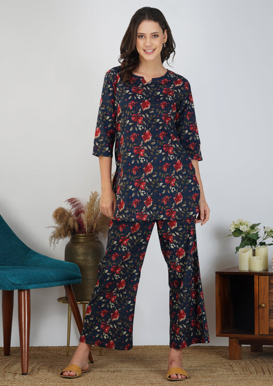 Classic Florals On Navy Blue Cotton Loungewear