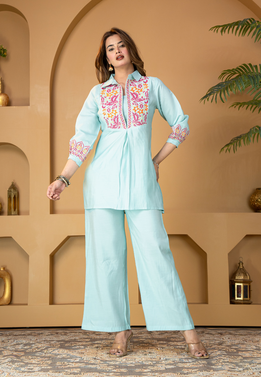 Aqua Blue Muslin Silk Embroidered Co-ord Set