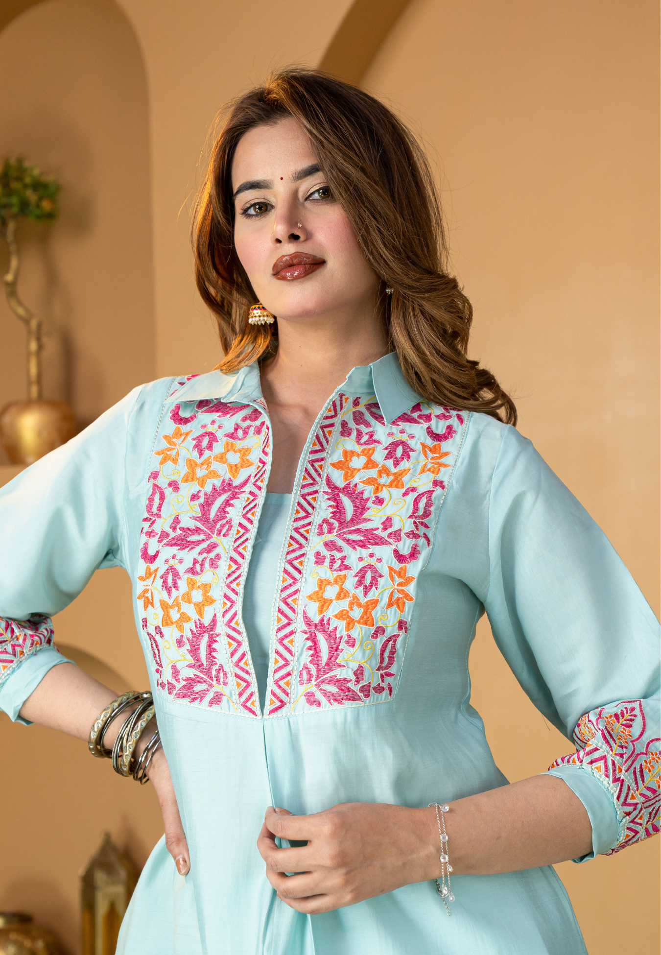 Aqua Blue Muslin Silk Embroidered Co-ord Set