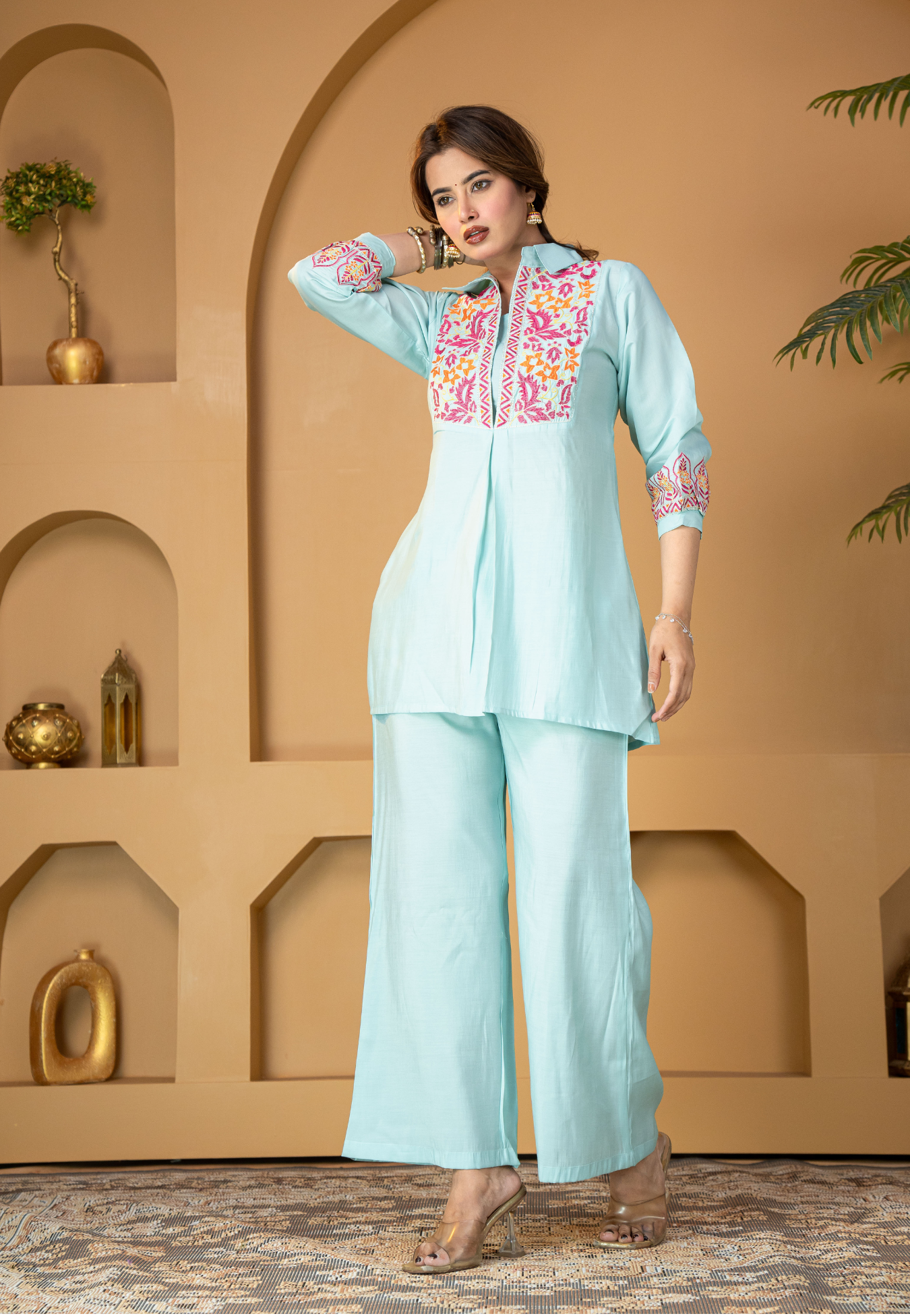 Aqua Blue Muslin Silk Embroidered Co-ord Set