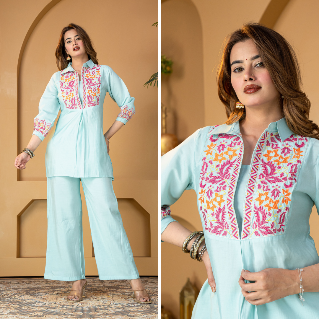 Aqua Blue Muslin Silk Embroidered Co-ord Set