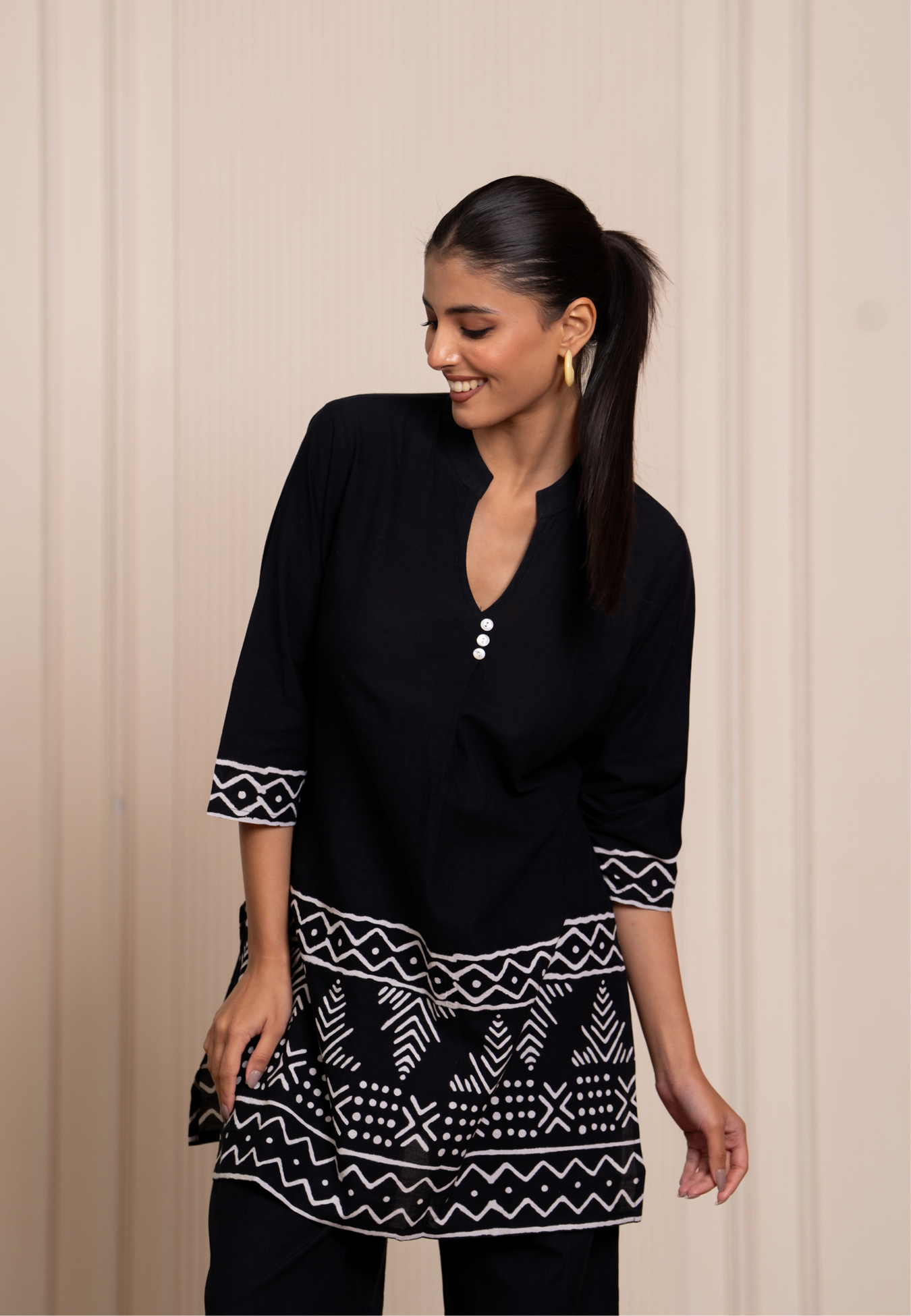 Black Handblock Cotton Kurta & Pant Set | Co-ord Set for Women