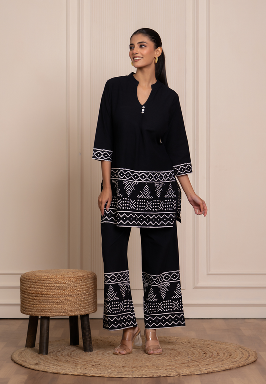 Black Handblock Cotton Kurta & Pant Set | Co-ord Set for Women