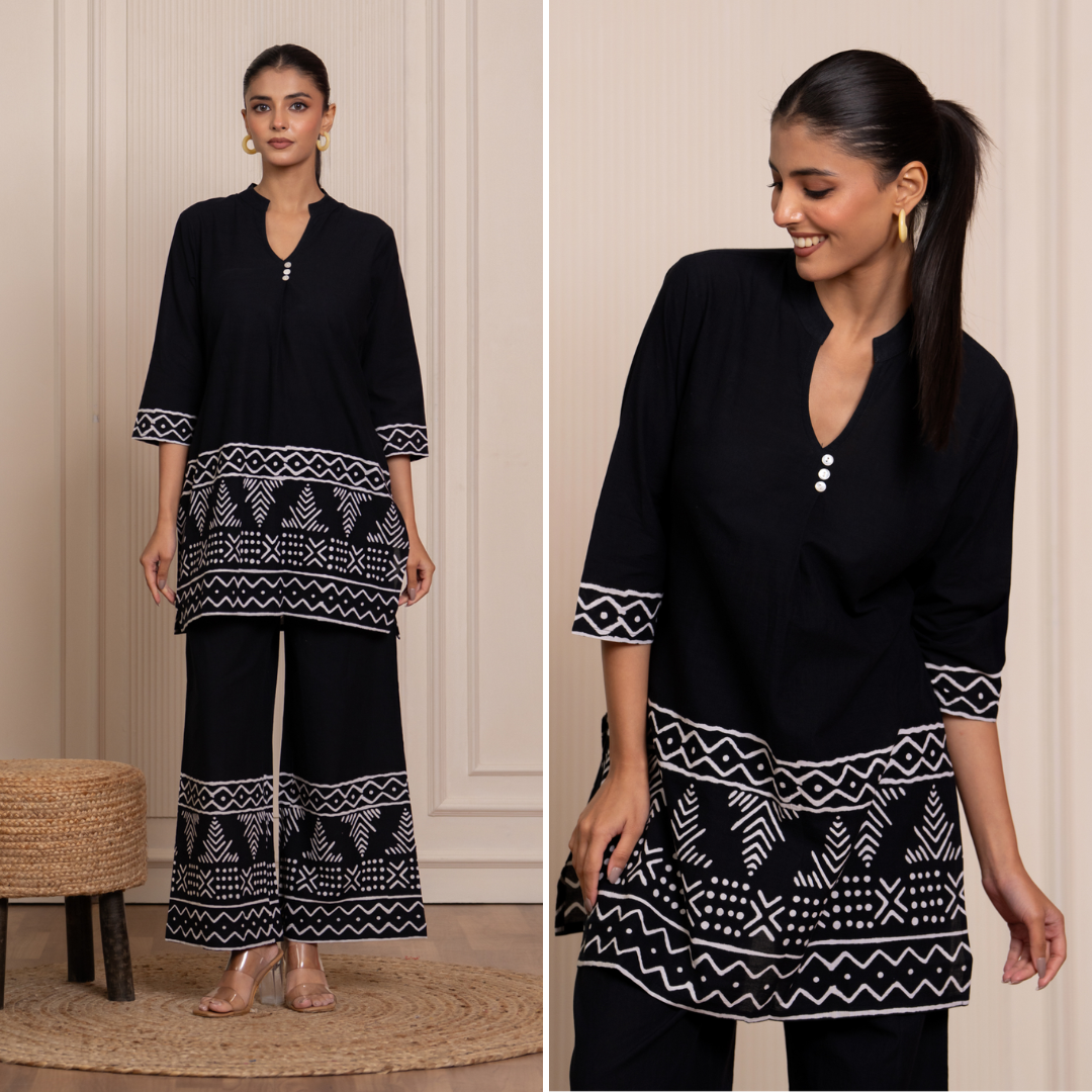 Black Handblock Cotton Kurta & Pant Set | Co-ord Set for Women