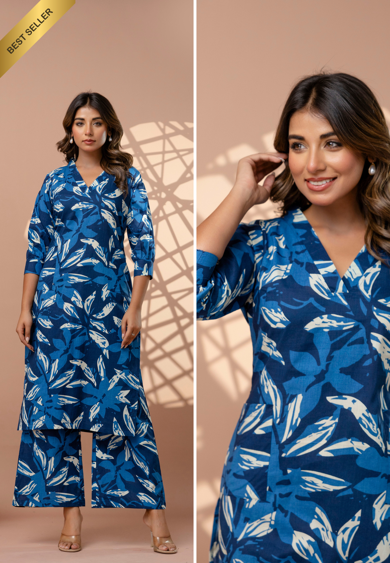 Breezy Blue Leaf Print Cotton Kurta Set for Women