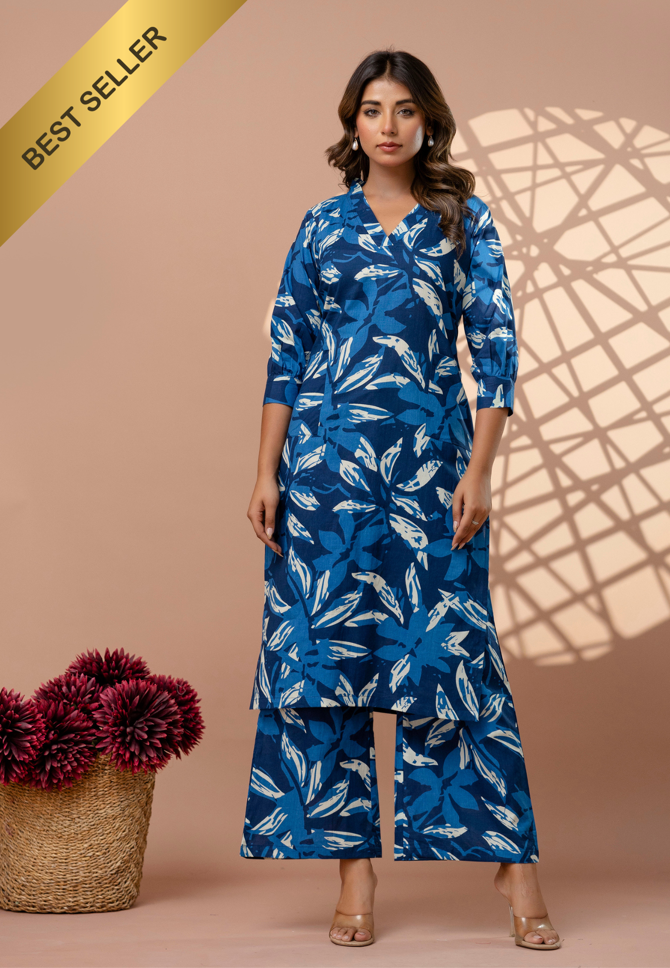 Breezy Blue Leaf Print Cotton Kurta Set for Women