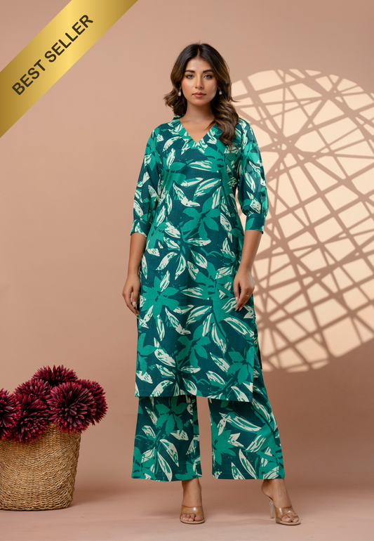 Breezy Green Leaf Print Cotton Kurta Set for Women