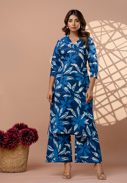 Breezy Blue Leaf Print Cotton Kurta Set for Women