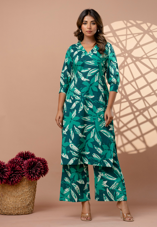 Breezy Green Leaf Print Cotton Kurta Set for Women