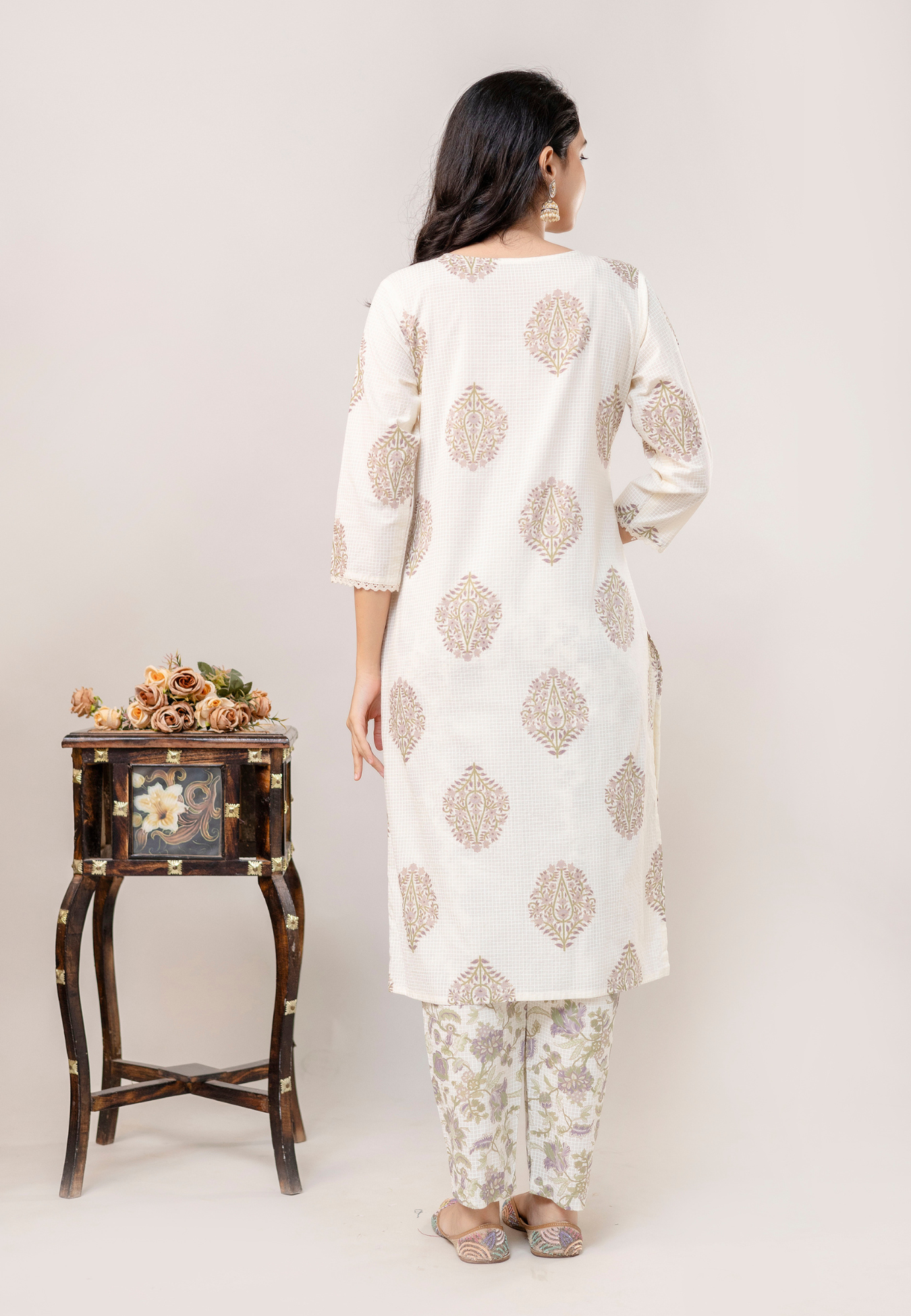 Classic Ivory Butta Print Cotton Kurta Set with Dupatta