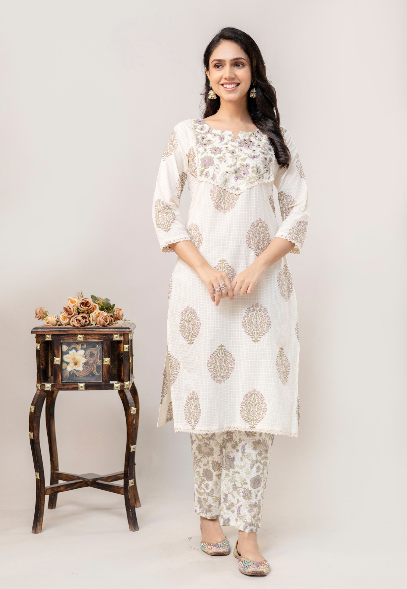 Classic Ivory Butta Print Cotton Kurta Set with Dupatta