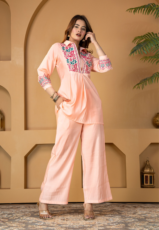 Coral Peach Muslin Silk Embroidered Co-ord Set
