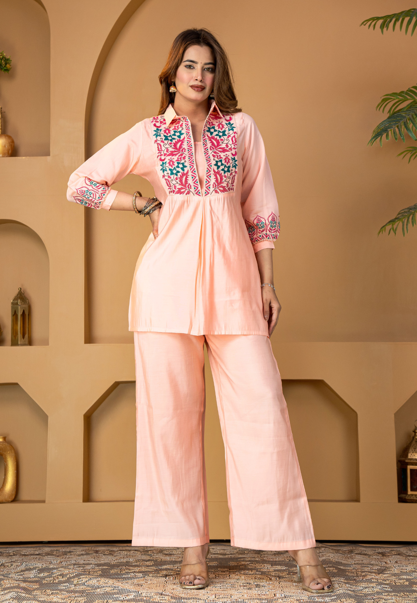 Coral Peach Muslin Silk Embroidered Co-ord Set