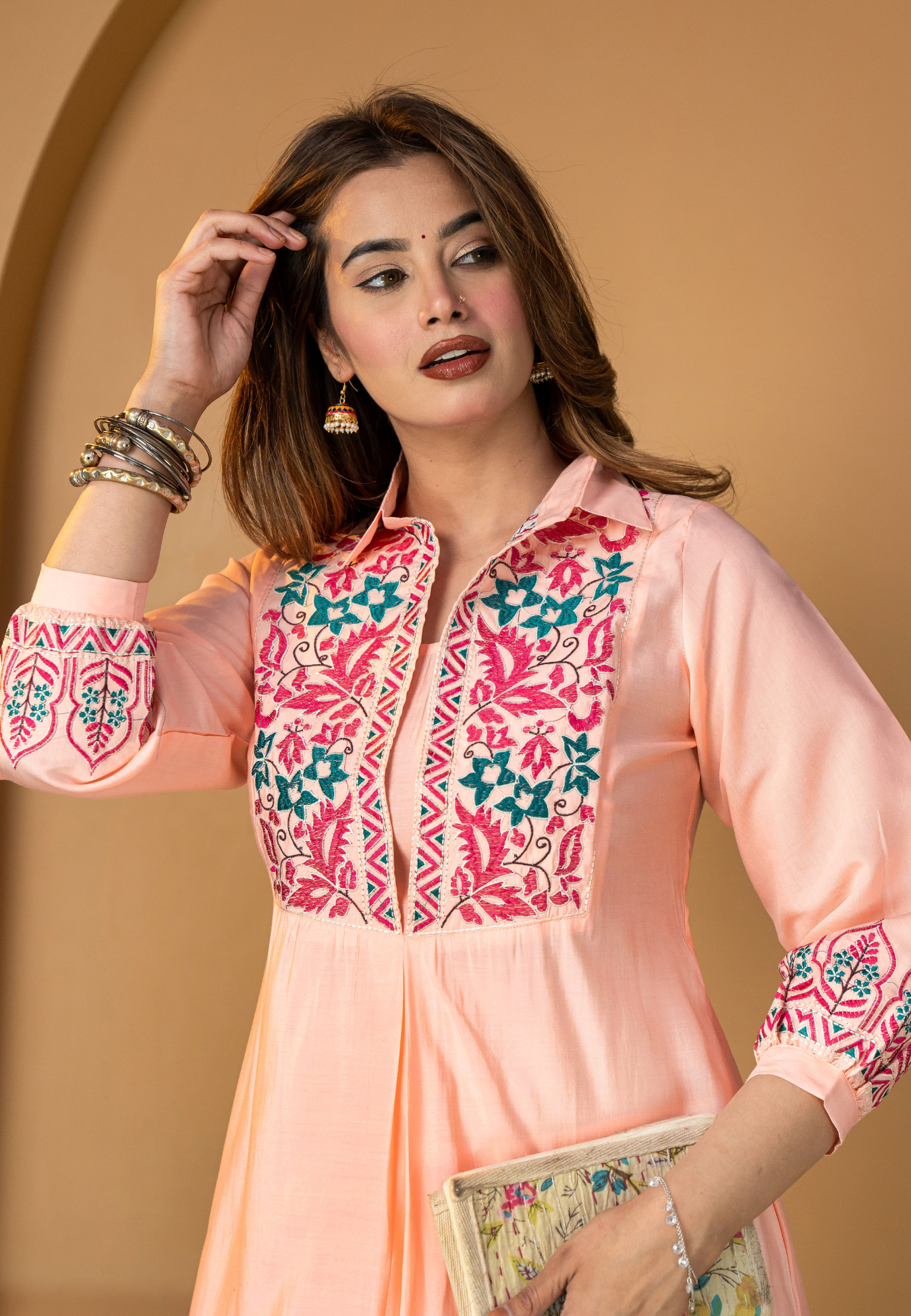 Coral Peach Muslin Silk Embroidered Co-ord Set