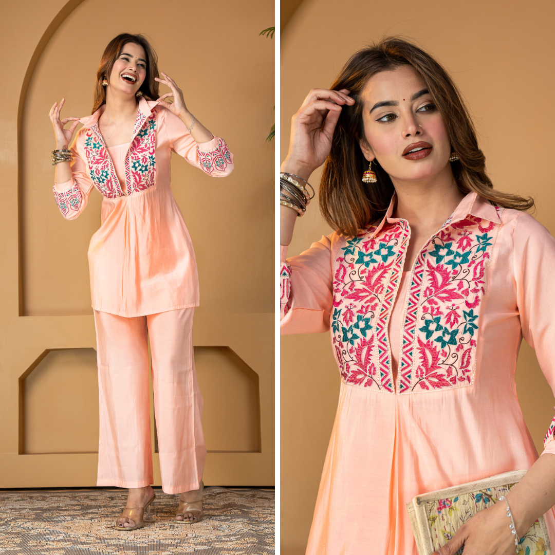 Coral Peach Muslin Silk Embroidered Co-ord Set