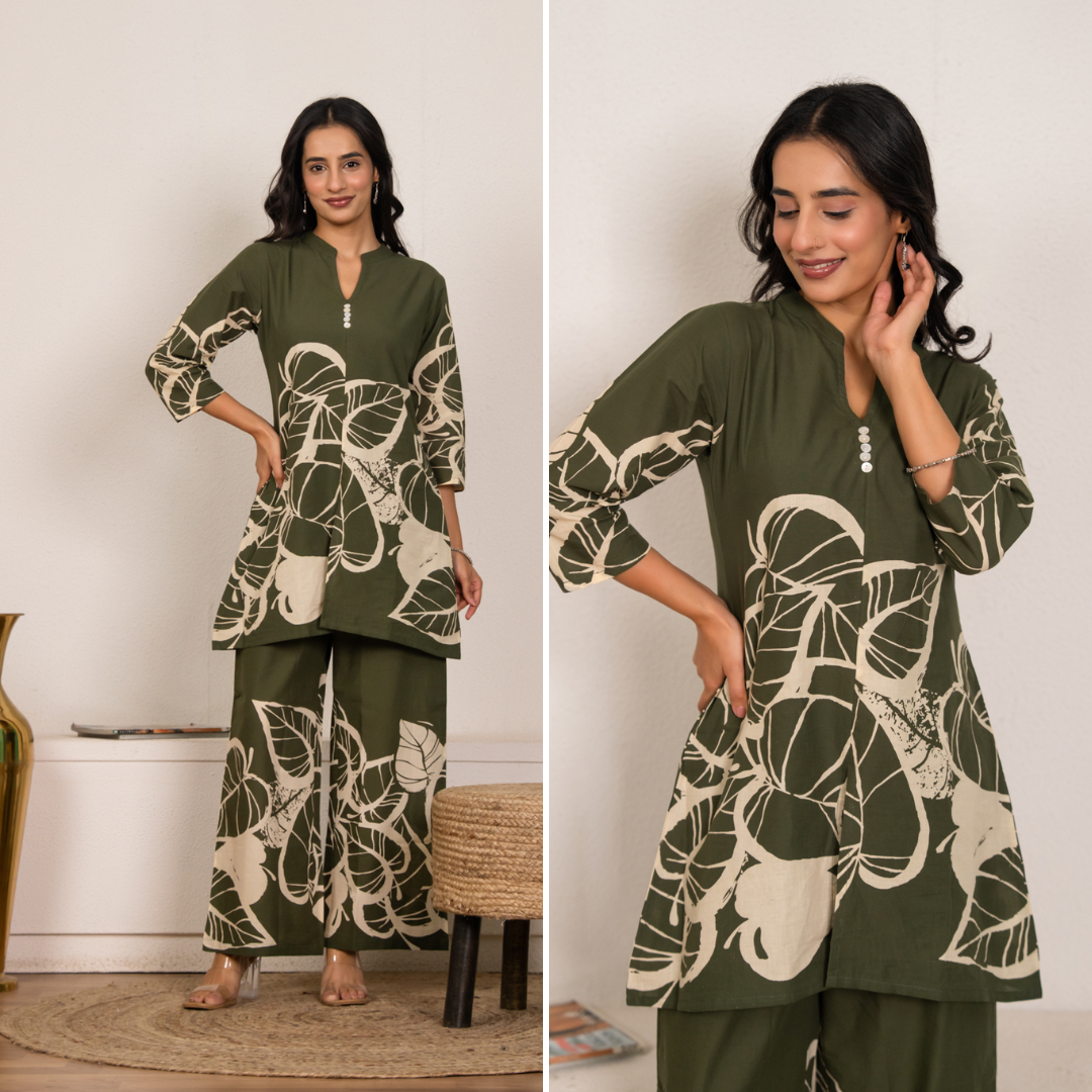 Forest Green Cotton Co-ord Set  Leaf Print Loungewear Kurta & Pant Set