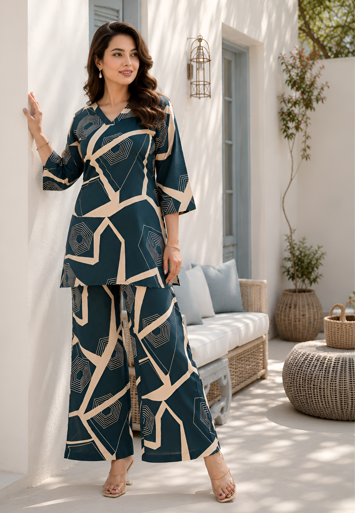Geometric Teal Pure Cotton Co-ord Set
