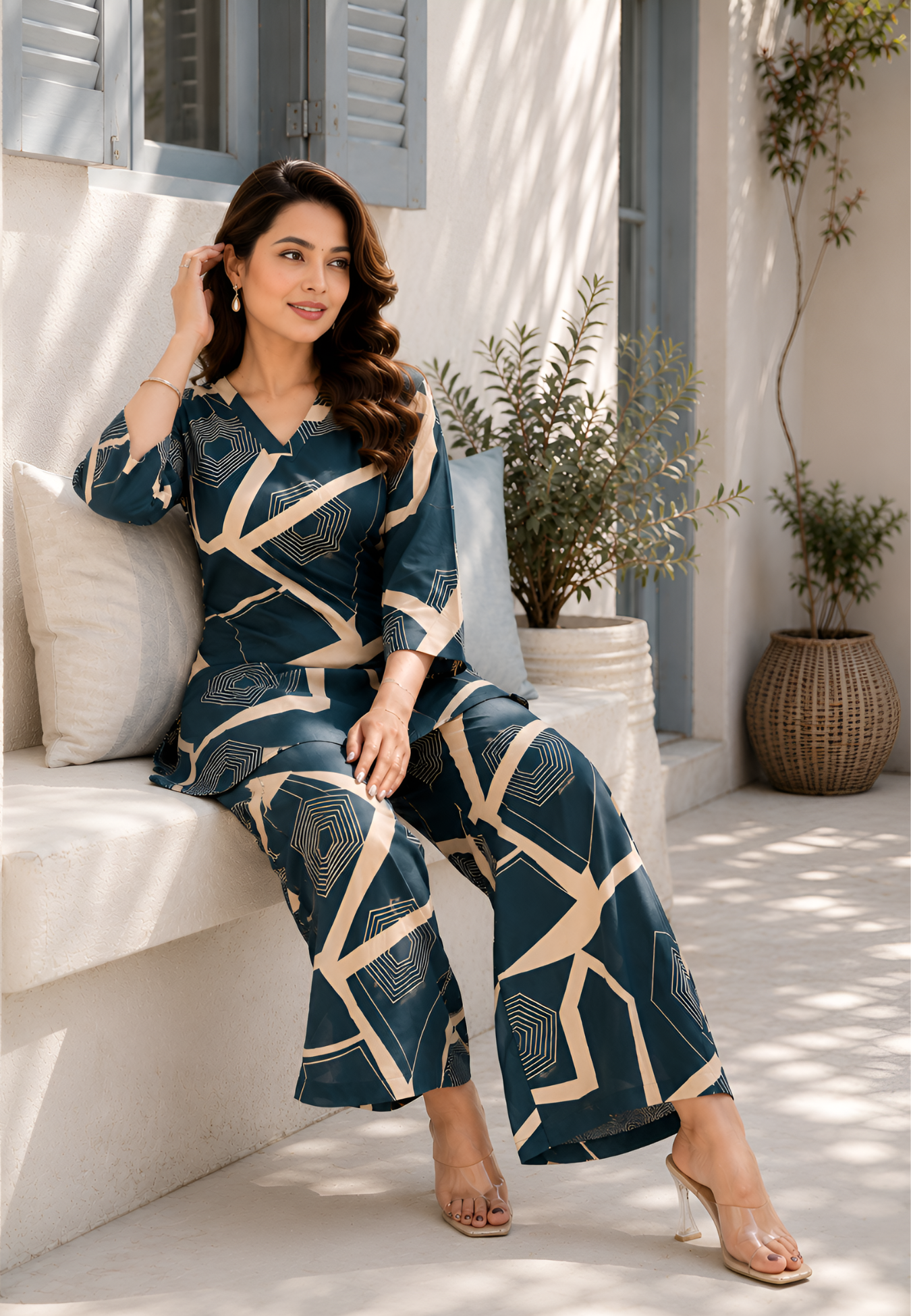 Geometric Teal Pure Cotton Co-ord Set
