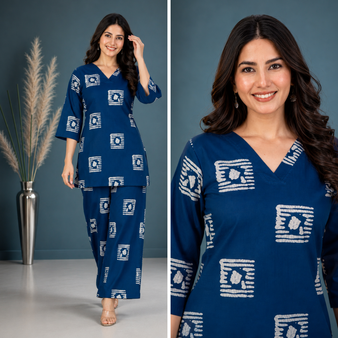 Indigo Tile Buti Pure Cotton Co-ord Set