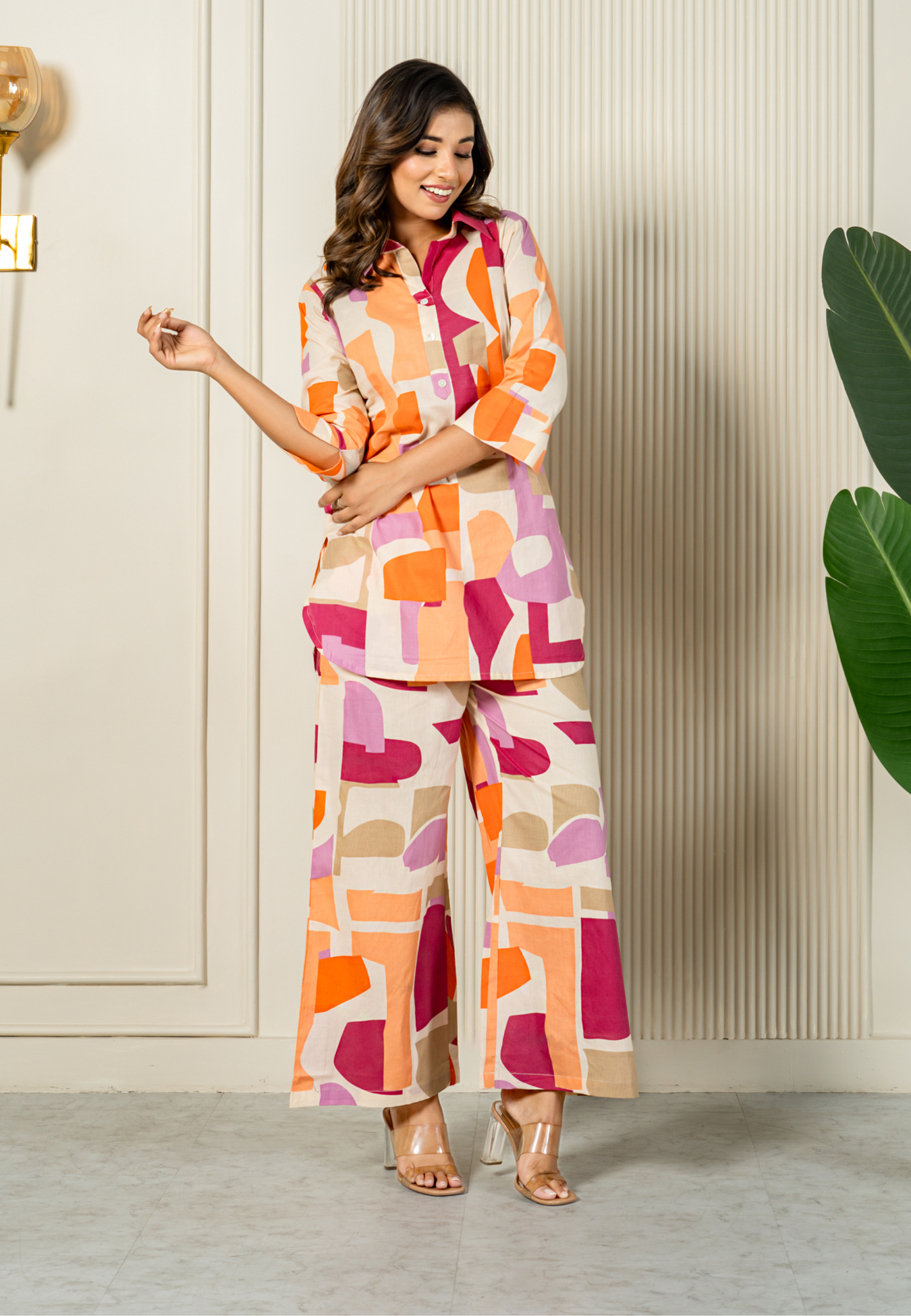 Lifestyle Orange Abstract Cotton Loungewear Co-ord Set