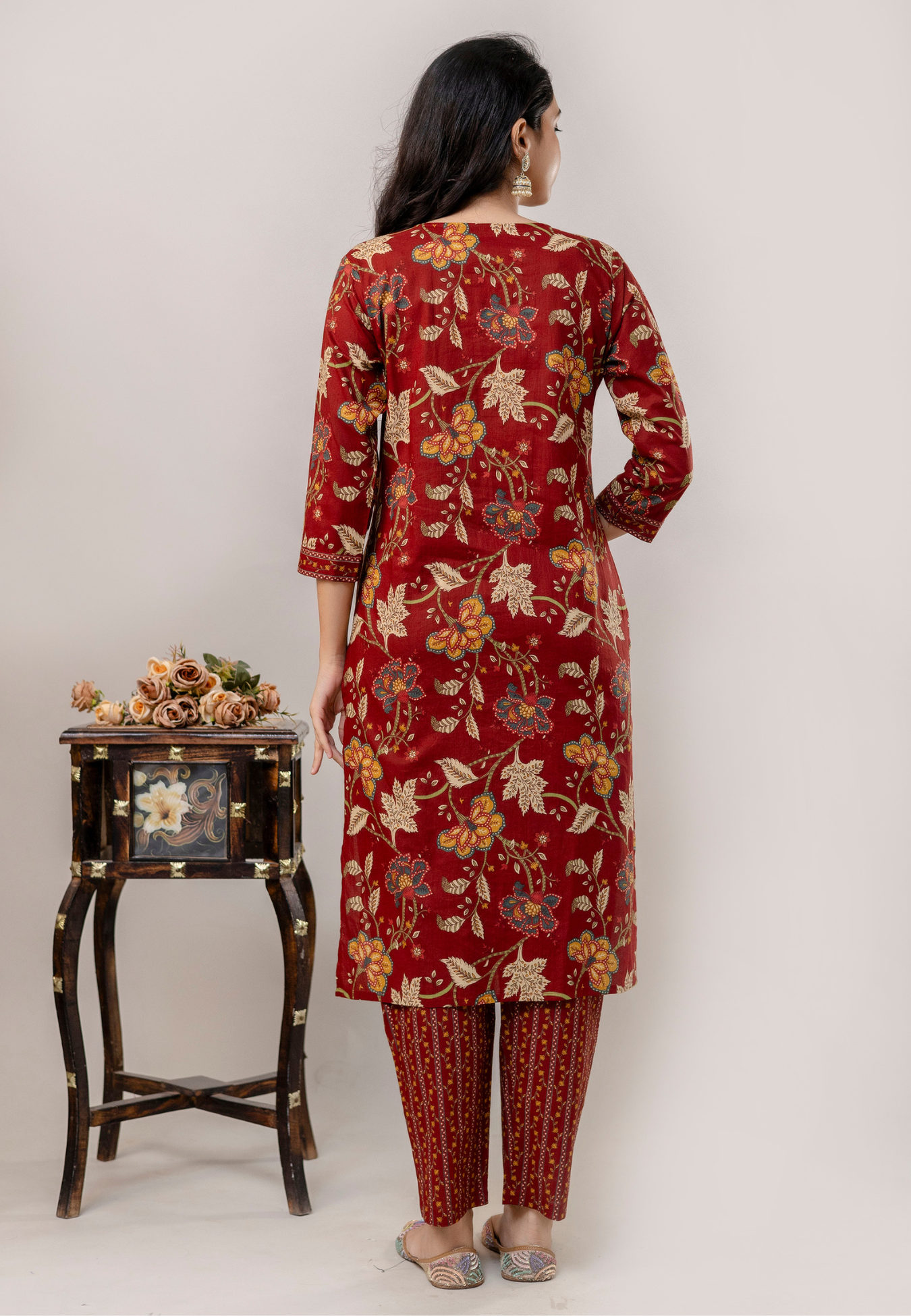 Maroon Floral Printed Cotton Kurta Set with Dupatta