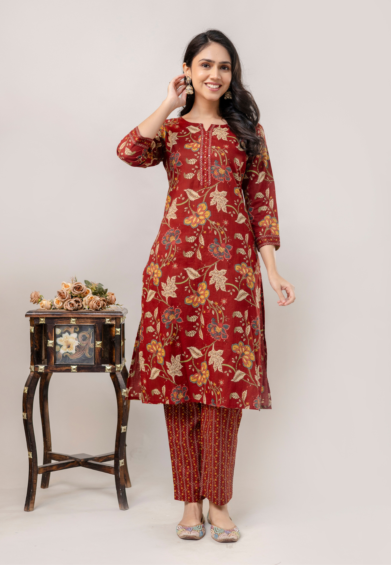 Maroon Floral Printed Cotton Kurta Set with Dupatta