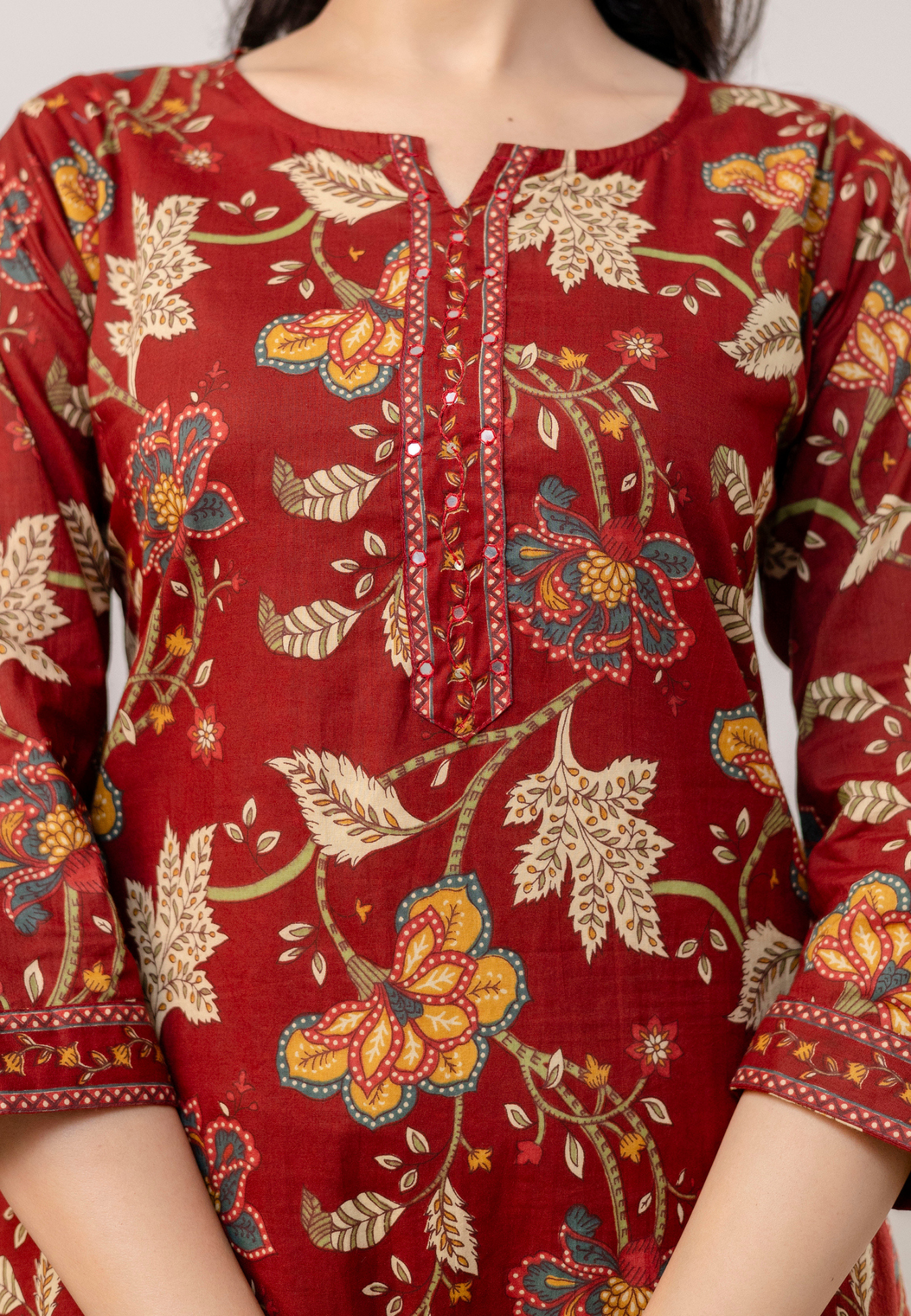 Maroon Floral Printed Cotton Kurta Set with Dupatta