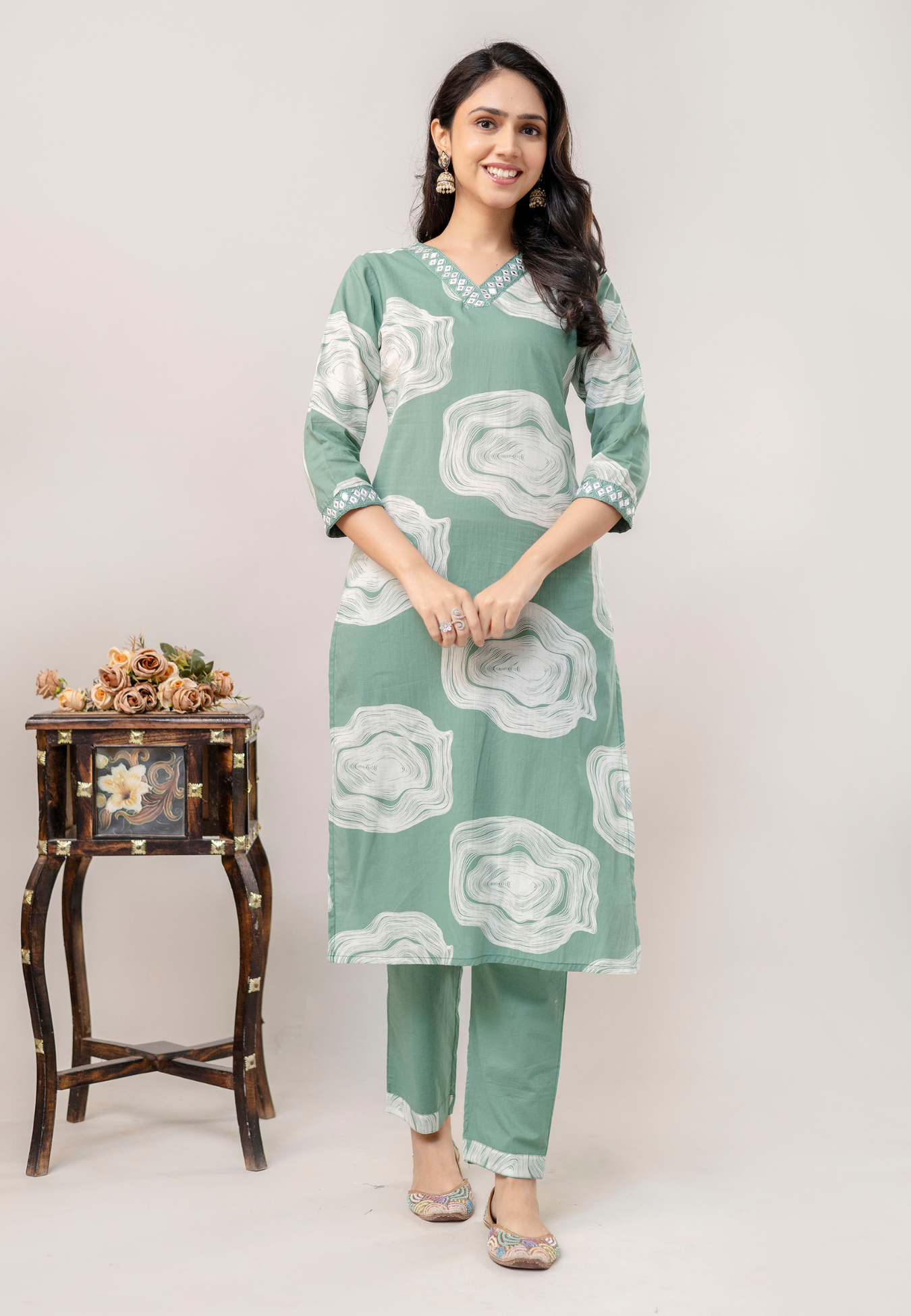 Mint Green Wave Printed Cotton Kurta Set with Dupatta