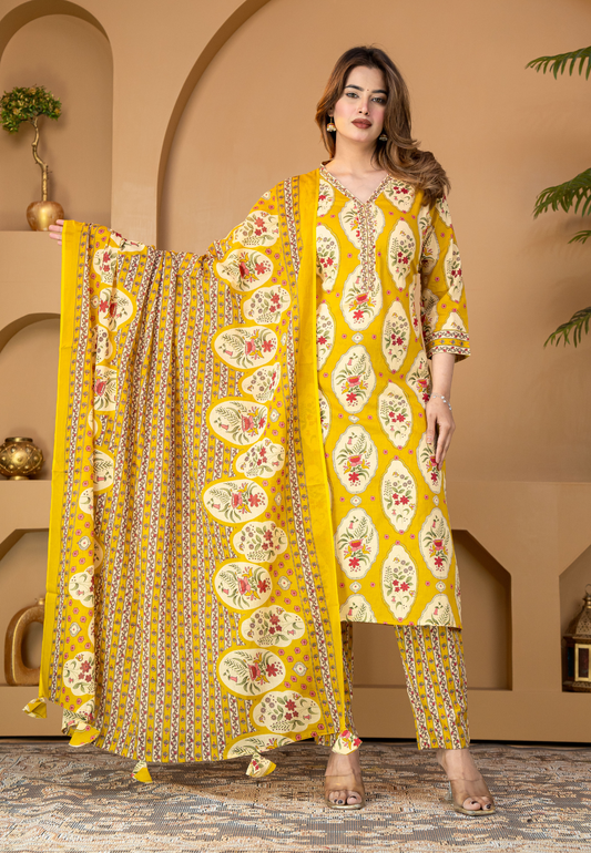 Mustard Floral Buta Cotton Kurta Set With Dupatta