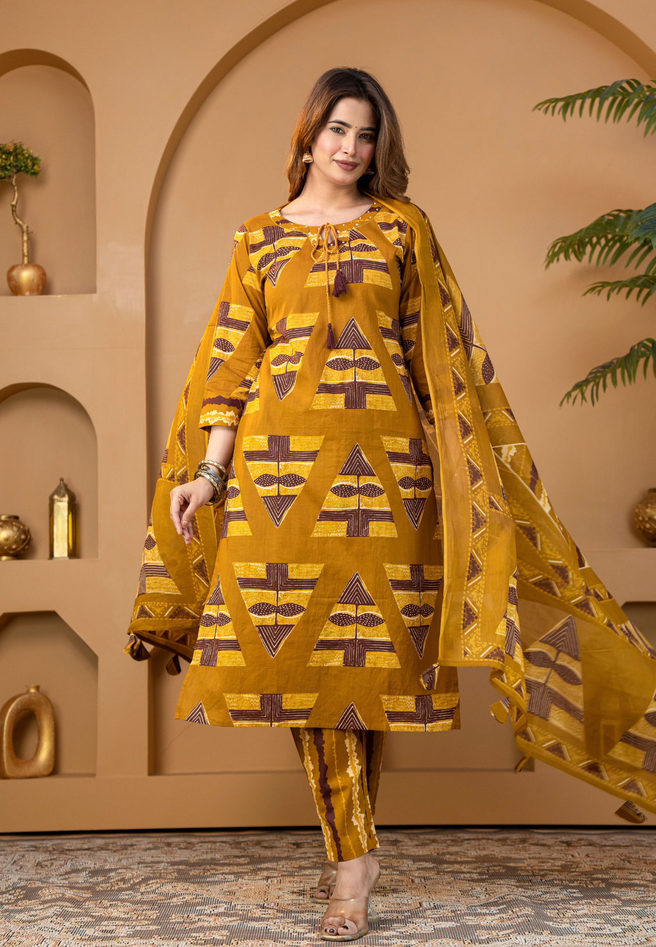 Mustard Heritage Motif Print Cotton Kurta Set With Dupatta