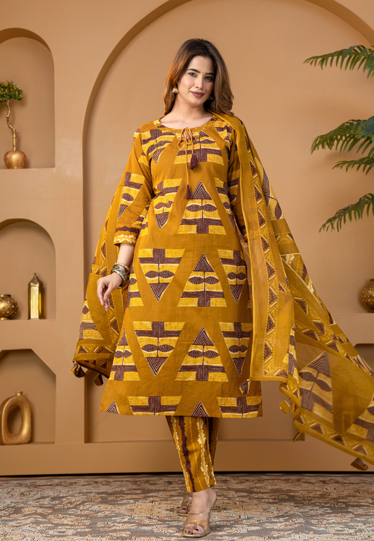 Mustard Heritage Motif Print Cotton Kurta Set With Dupatta