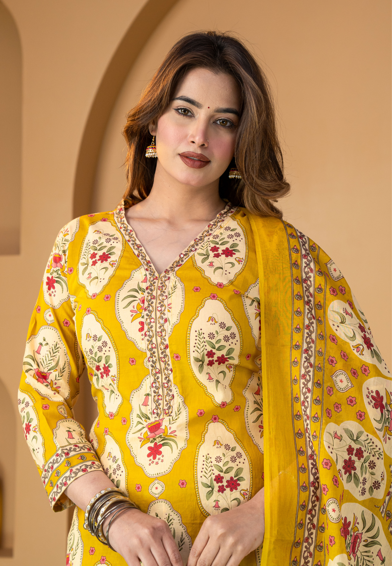 Mustard Floral Buta Cotton Kurta Set With Dupatta