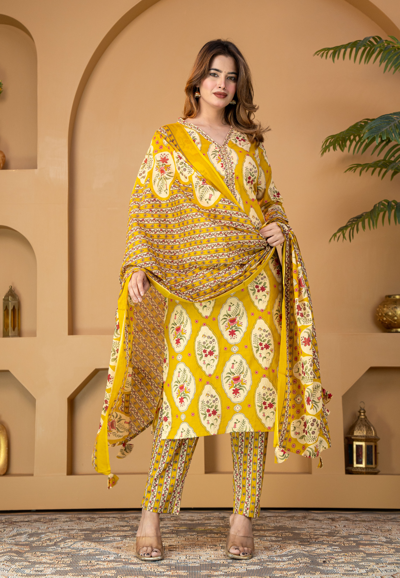Mustard Floral Buta Cotton Kurta Set With Dupatta