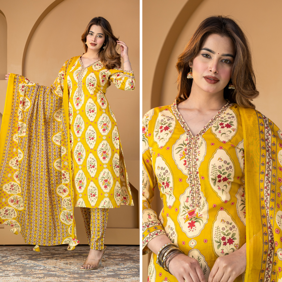 Mustard Floral Buta Cotton Kurta Set With Dupatta