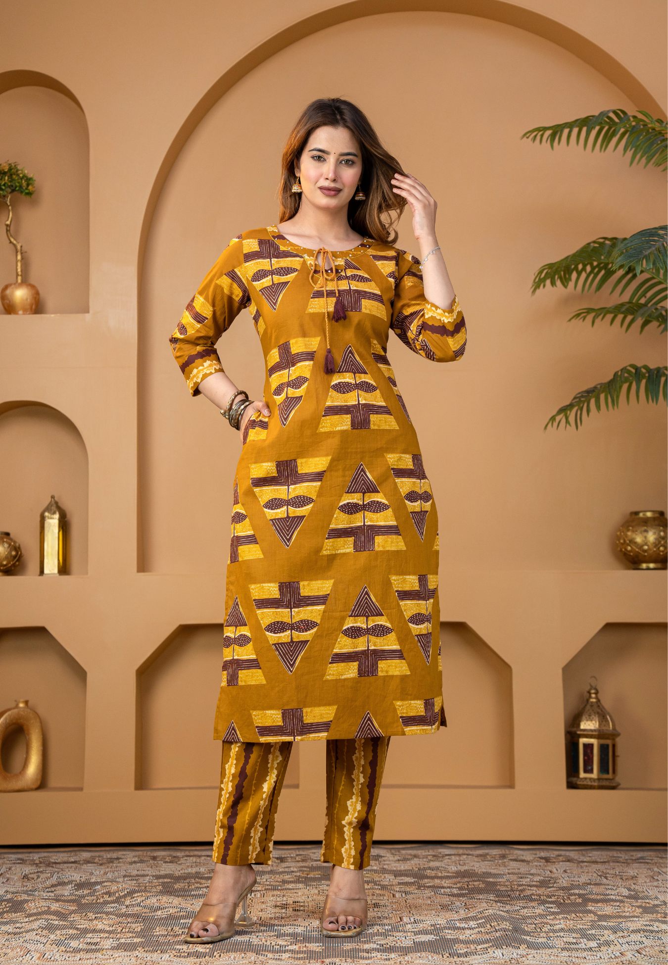 Mustard Heritage Motif Print Cotton Kurta Set With Dupatta