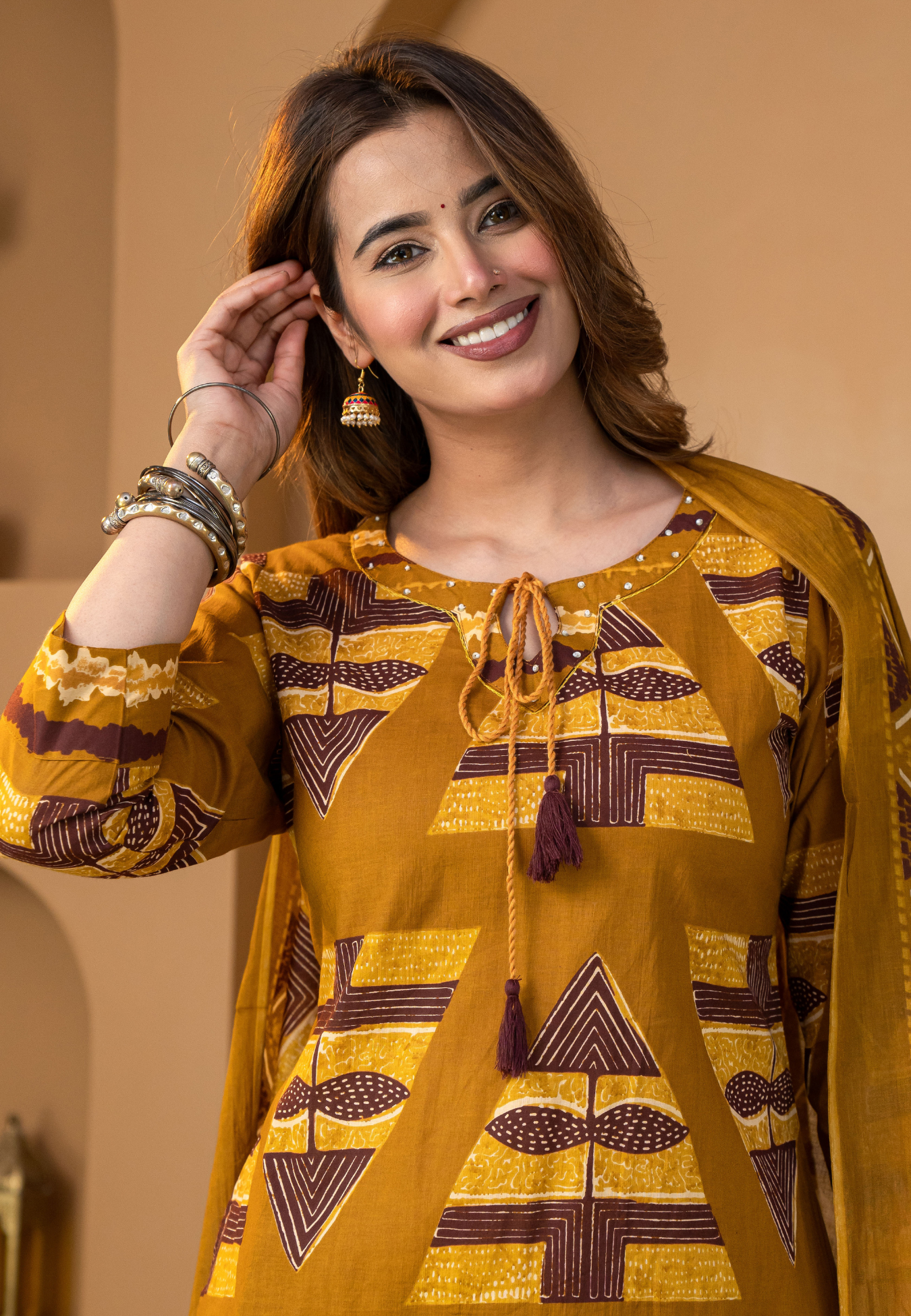 Mustard Heritage Motif Print Cotton Kurta Set With Dupatta