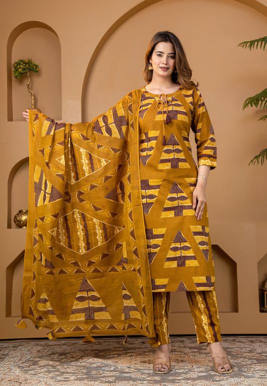 Mustard Heritage Motif Print Cotton Kurta Set With Dupatta