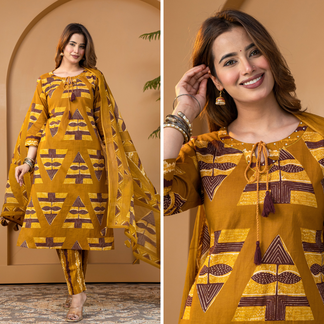Mustard Heritage Motif Print Cotton Kurta Set With Dupatta