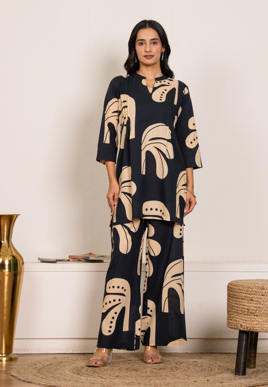 Navy Blue Modern Art Print Cotton Co-ord Set