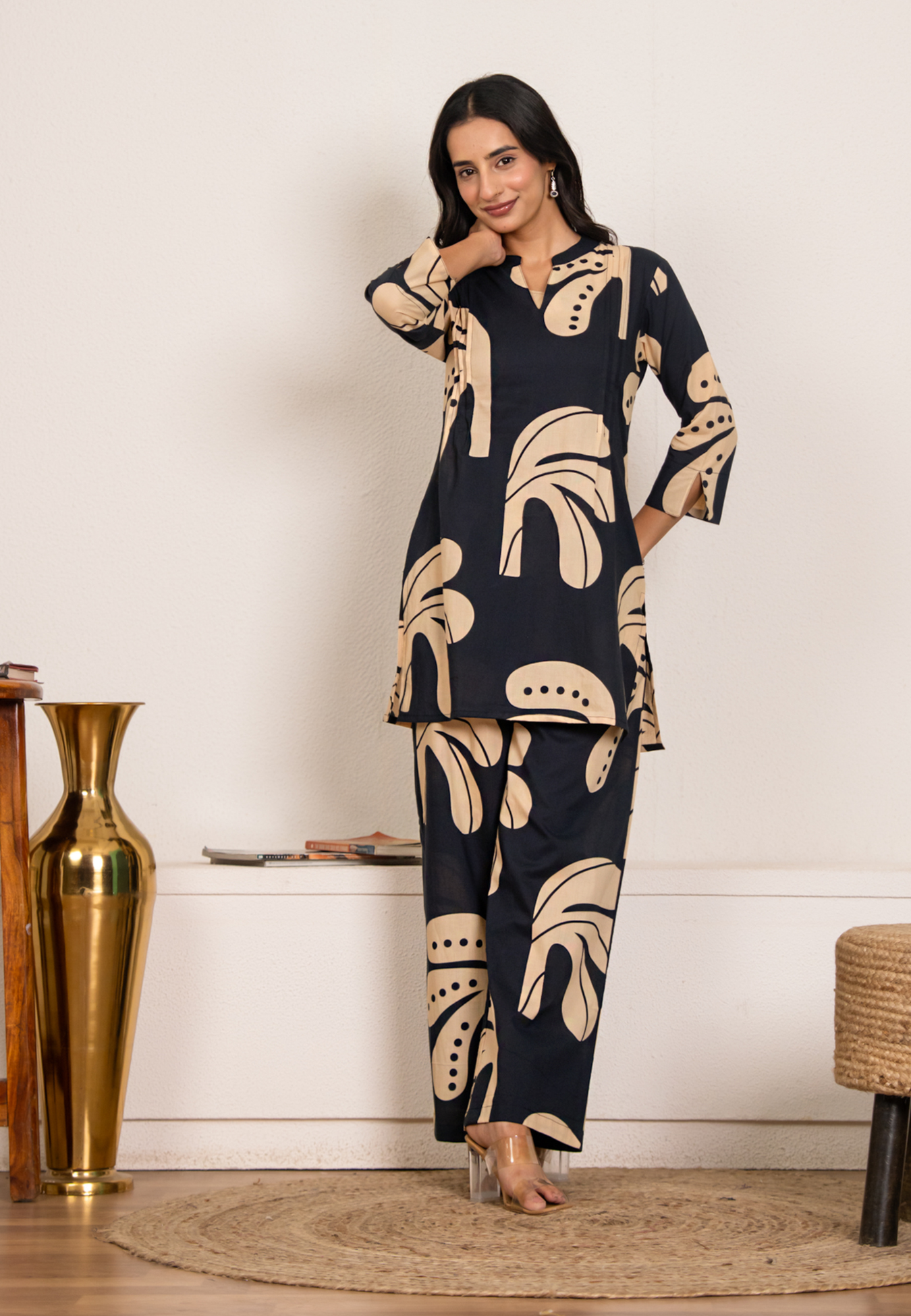 Navy Blue Modern Art Print Cotton Co-ord Set