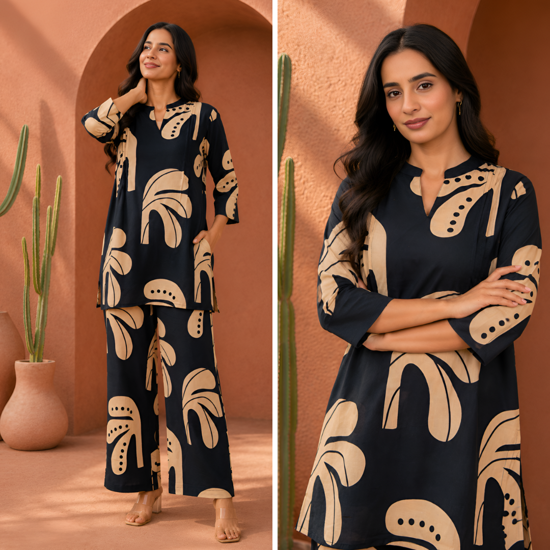 Navy Blue Modern Art Print Cotton Co-ord Set