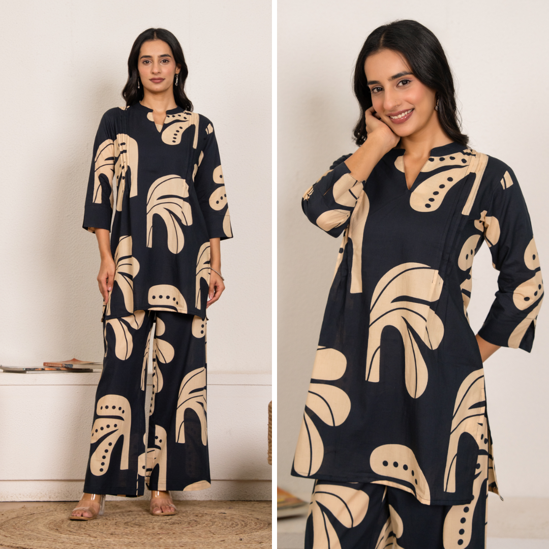 Navy Blue Modern Art Print Cotton Co-ord Set