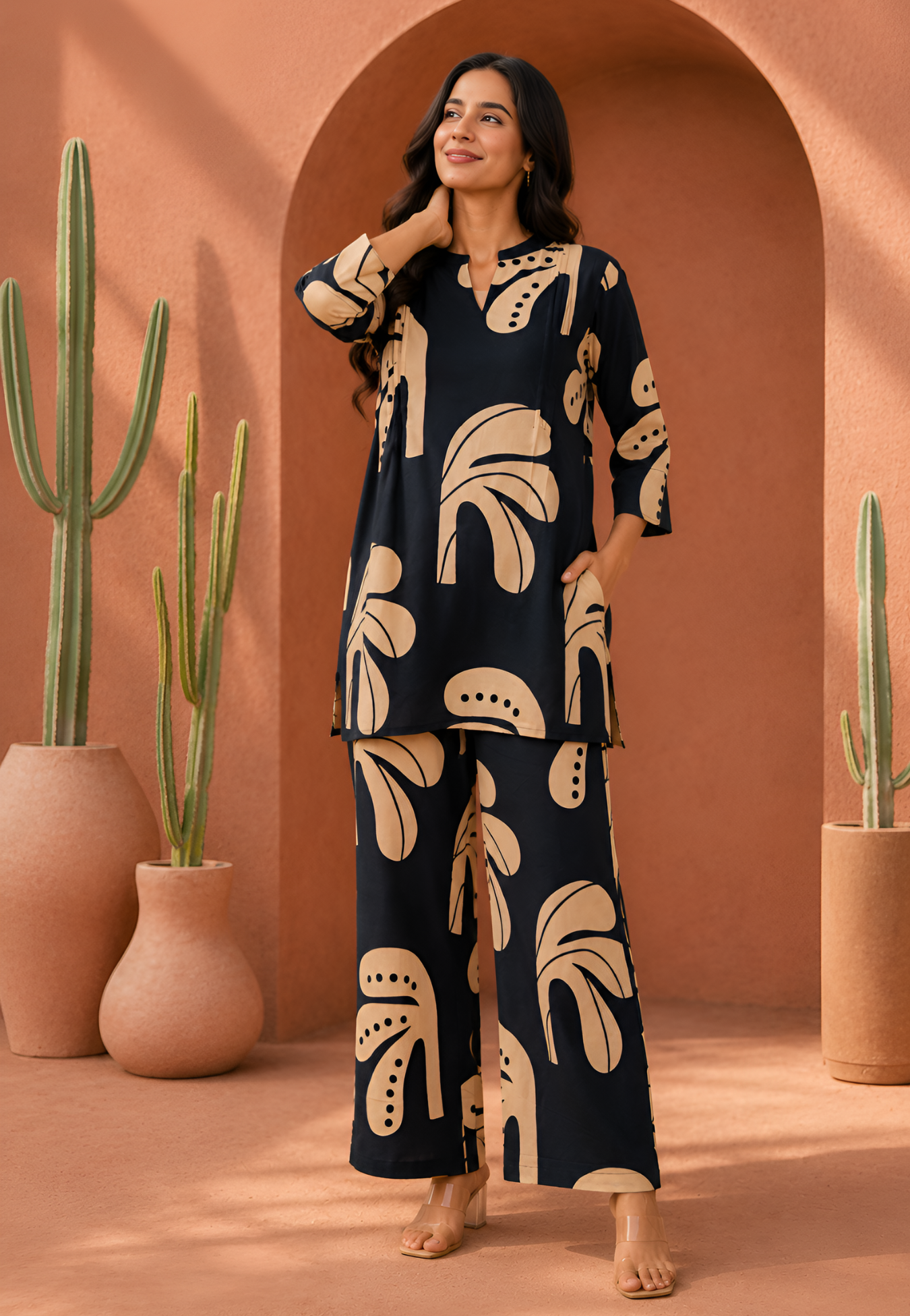 Navy Blue Modern Art Print Cotton Co-ord Set
