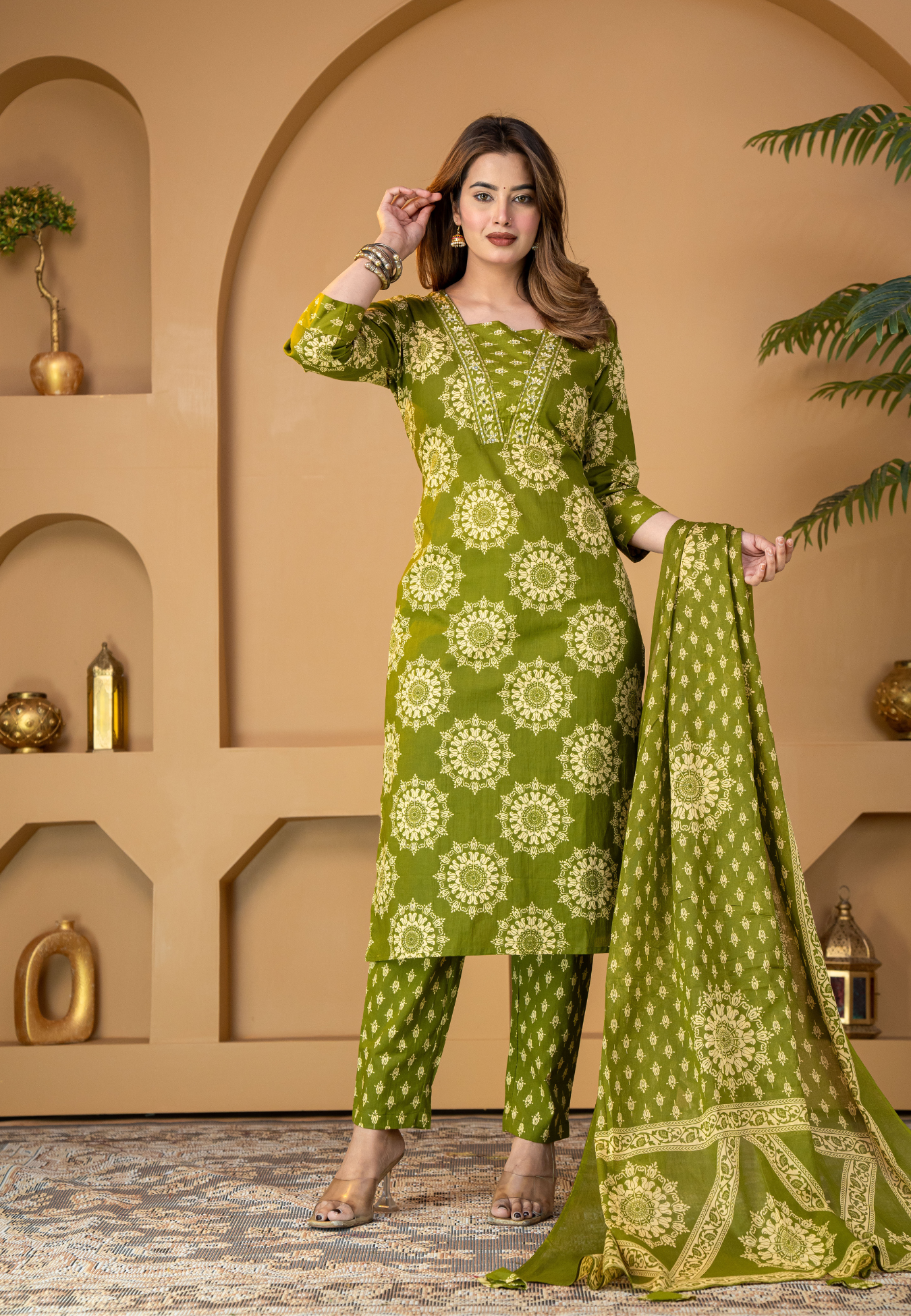 Olive Mandala Floral Print Cotton Kurta Set With Dupatta