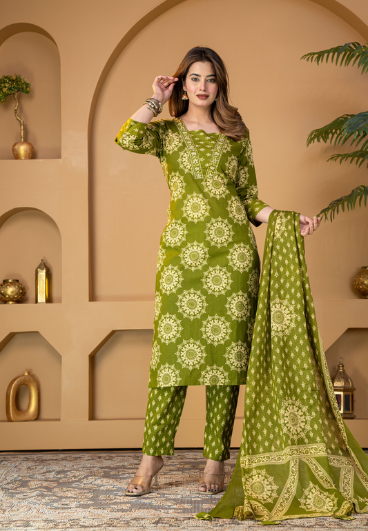 Olive Mandala Floral Print Cotton Kurta Set With Dupatta