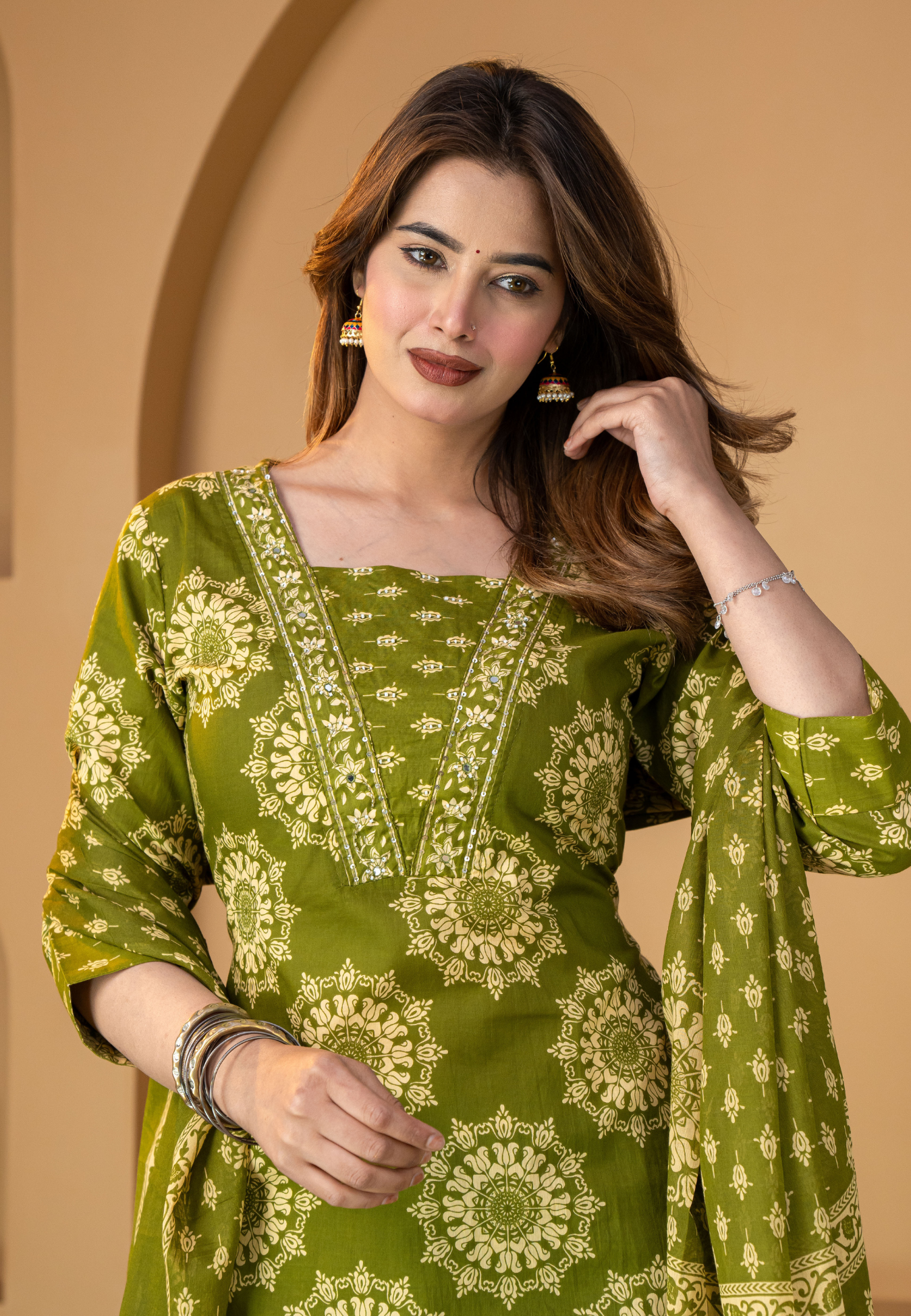 Olive Mandala Floral Print Cotton Kurta Set With Dupatta
